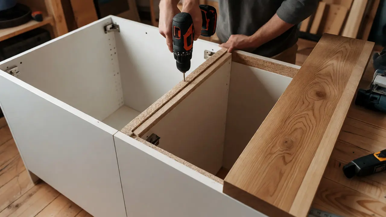 Handwerker baut eine Kücheninsel aus Standardschränken und einer Eichenplatte zusammen.