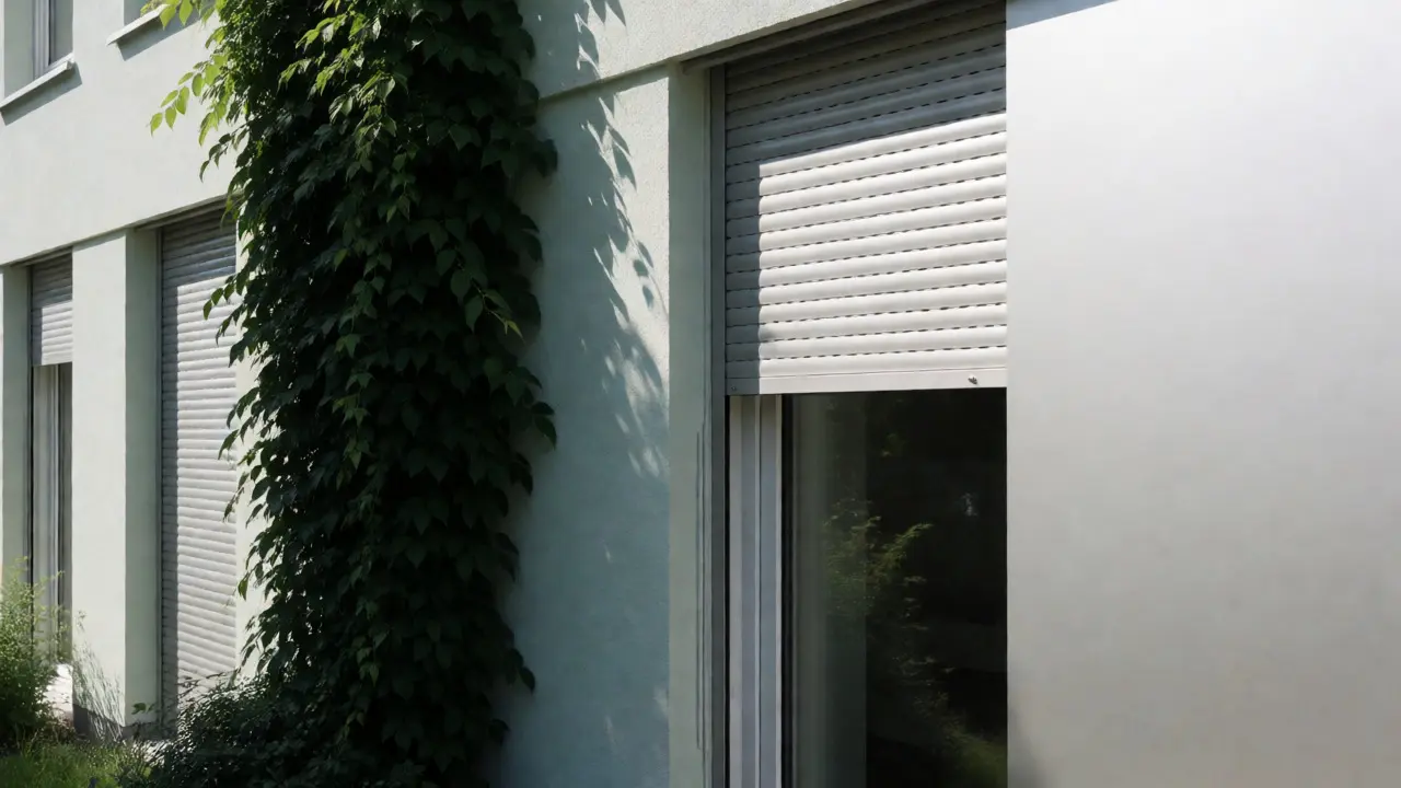 Hausfassade mit Hochwasserschutz an der Tür und Begrünung gegen Hitze.