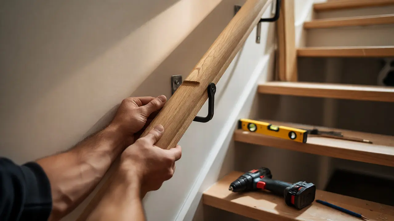 Heimwerker montiert einen Holz-Handlauf an der Treppenwand
