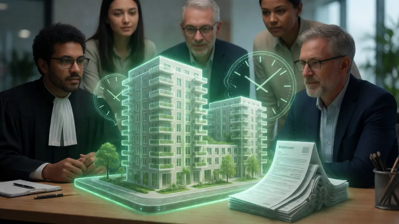 Hologramm eines nachhaltigen Gebäudes mit Team bei der Planung unter Berücksichtigung von ESG-Kriterien.