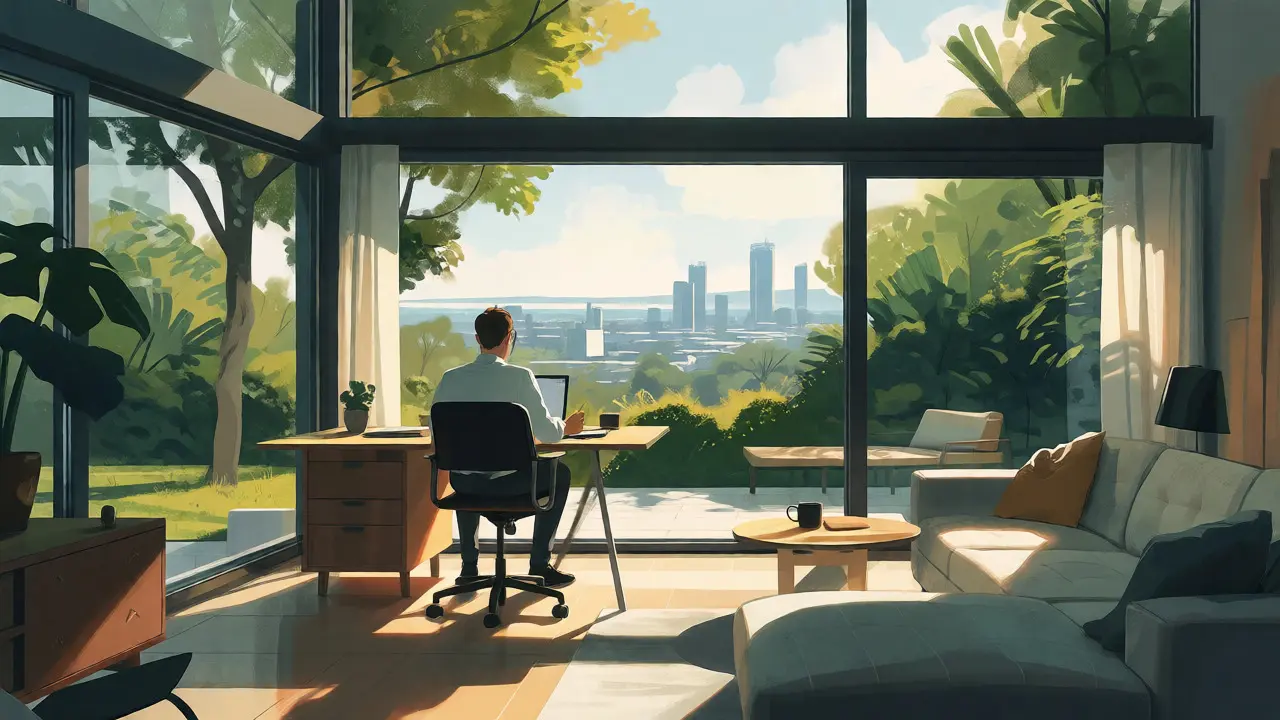 Homeoffice in einem Haus im Umland mit Blick auf die Stadtskyline im Hintergrund