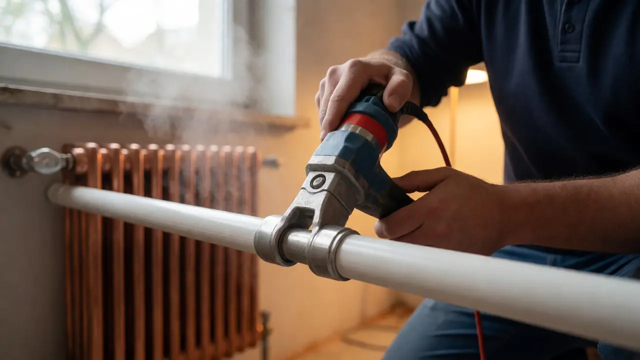 Installateur verpresst ein Verbundrohr mit einer Zange