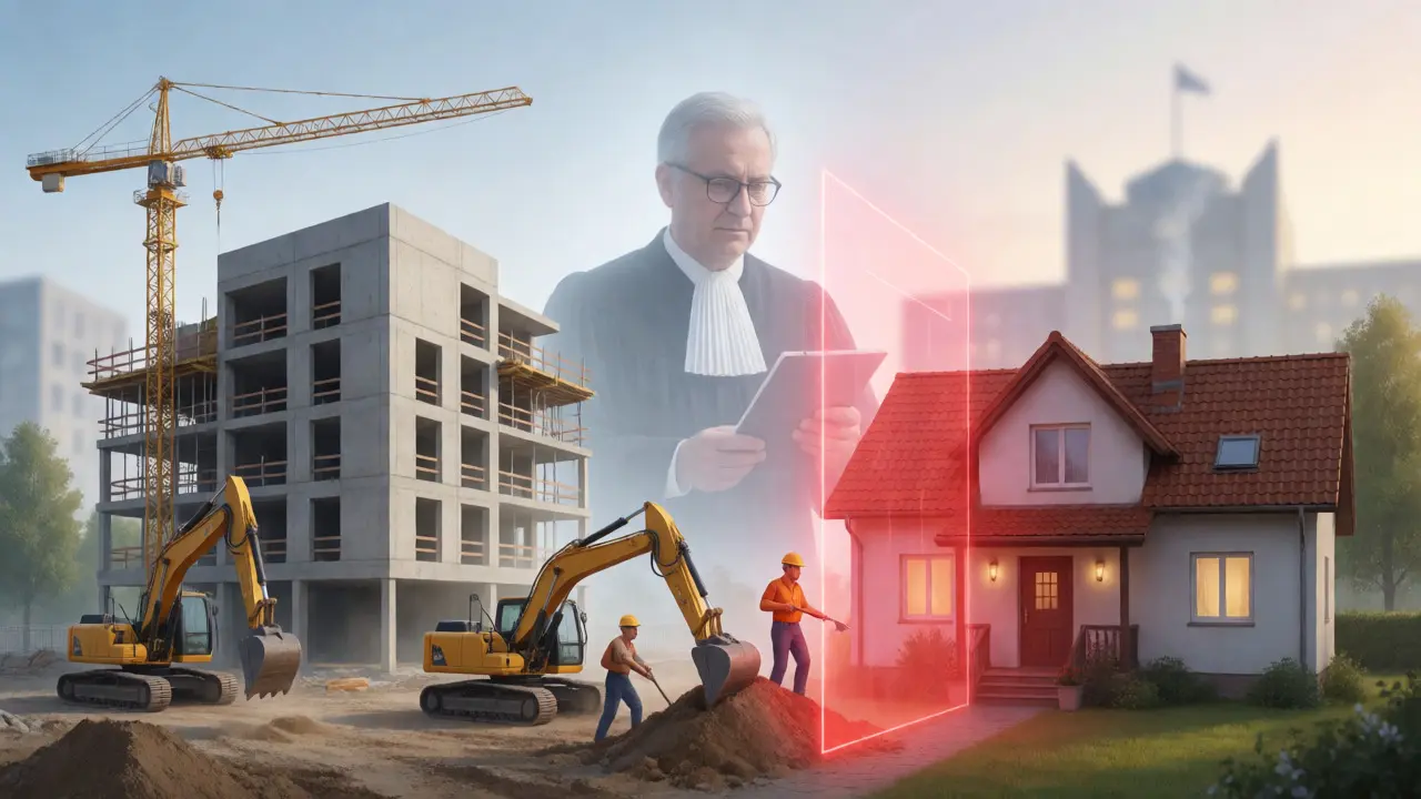 Konzeptbild: Bagger bauen weiter trotz rechtlichem Widerspruch des Nachbarn.