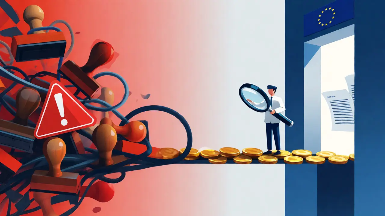 Konzeptgrafik: Goldene Brücke zwischen bürokratischem Chaos und offener EU-Grenze.