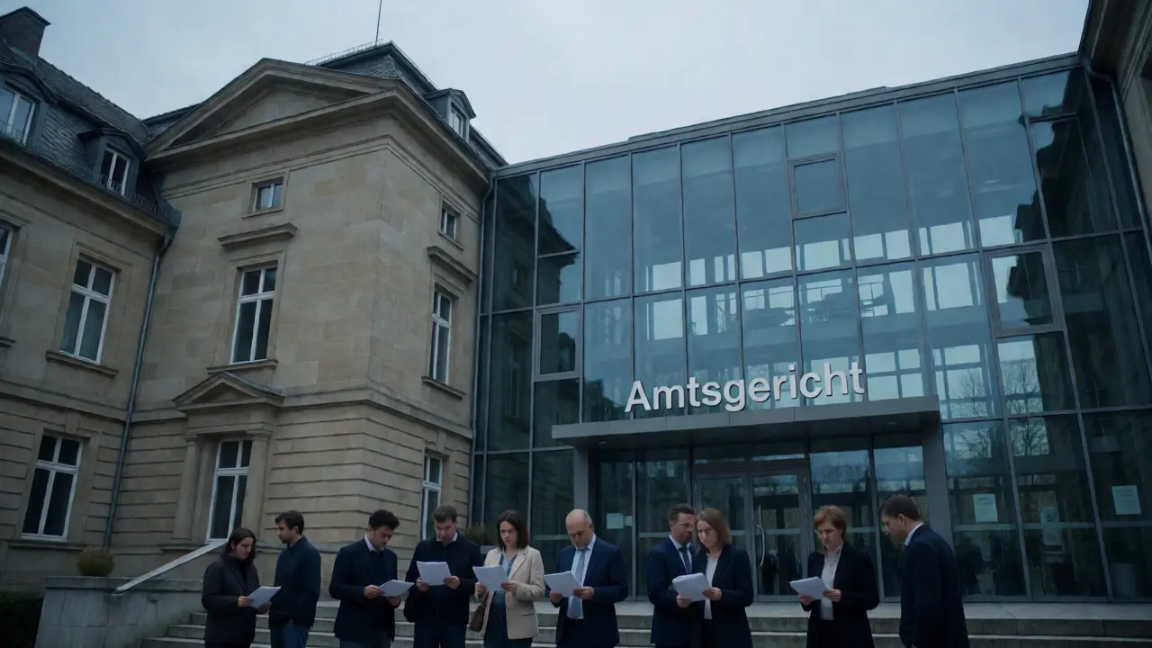 Menschen vor einem deutschen Amtsgericht mit Dokumenten
