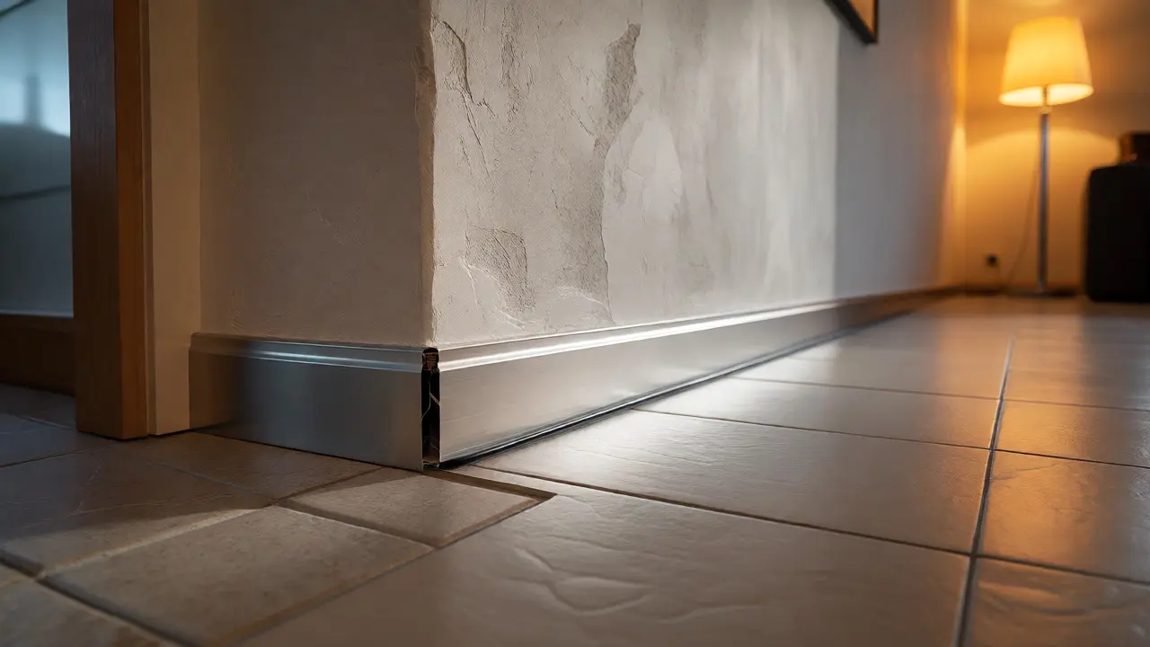 Modernes Wohnzimmer mit unsichtbar verlegten Kabeln hinter Alu-Leiste