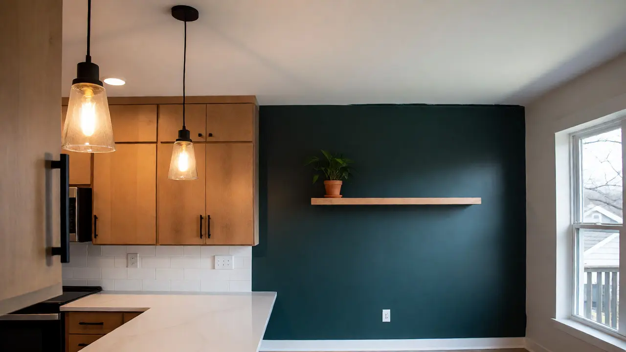 Modernisierte Küche mit neuen Griffen und blauer Akzentwand.