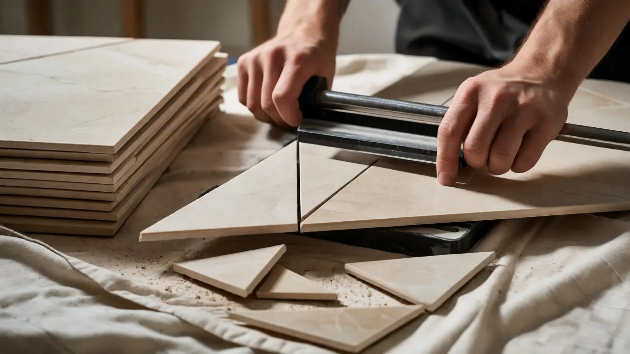 Nahaufnahme eines Handwerkers, der eine Fliese für ein Diagonalmuster schneidet.