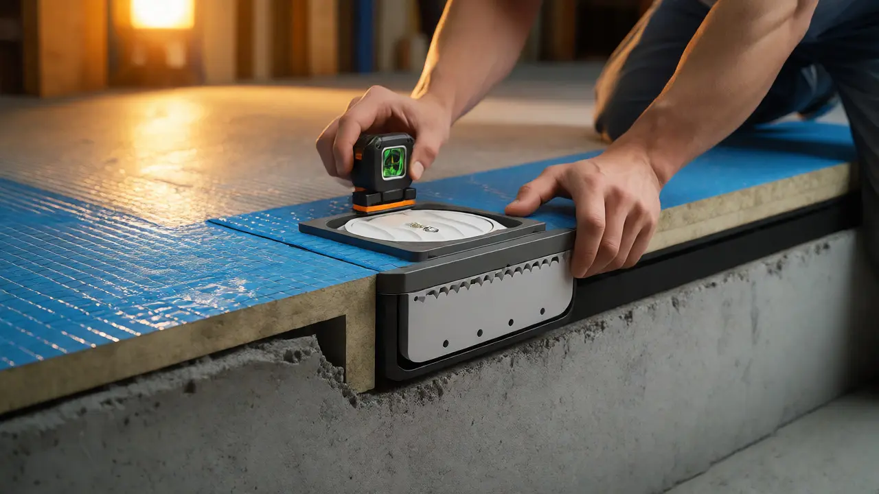 Querschnitt eines Flachsystems beim Einbau mit Gefällekontrolle