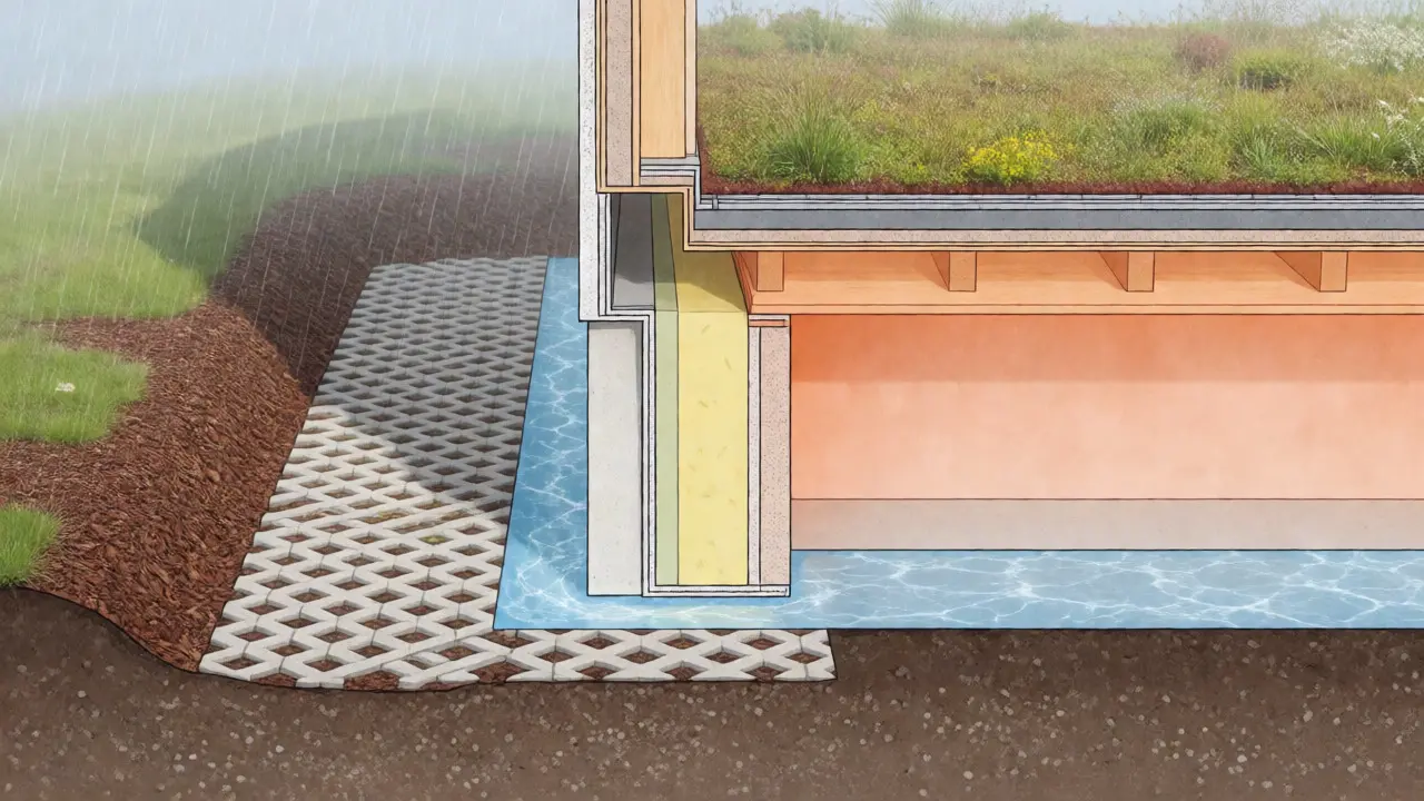Querschnitt eines Hauses mit Drainage und Gründach als Klimaausschutz.