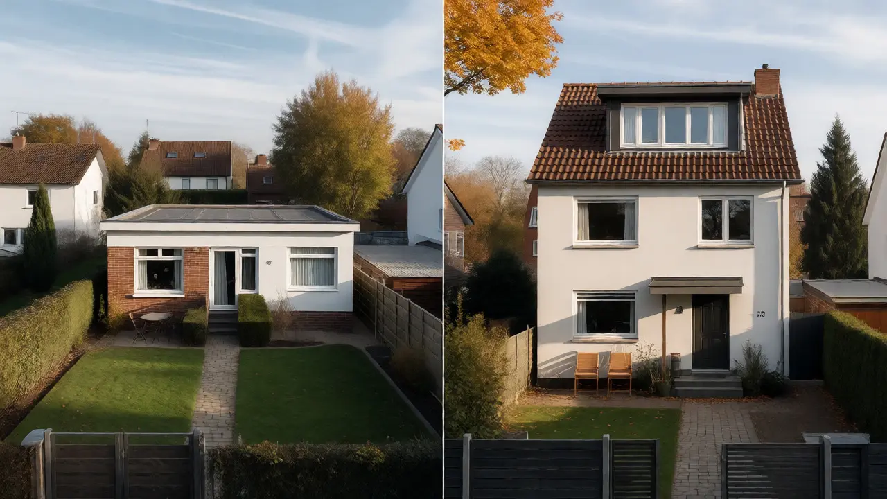 Vergleich eines flachen Bungalows und eines kompakten Stadthauses zur Illustration unterschiedlicher Bebauungsstrategien.