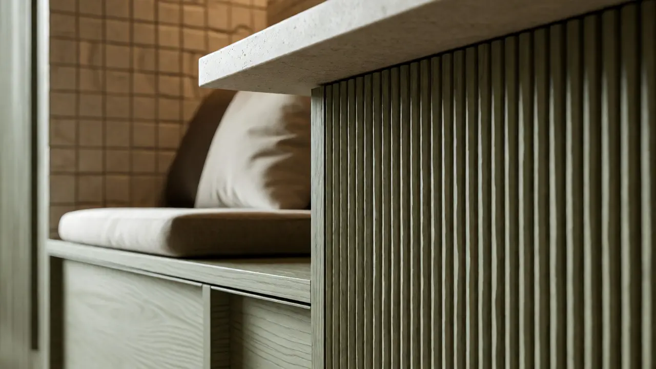 Detailaufnahme von geriffelten Holzfronten und gemütlichen Sitzplätzen in natürlichen Erdtönen