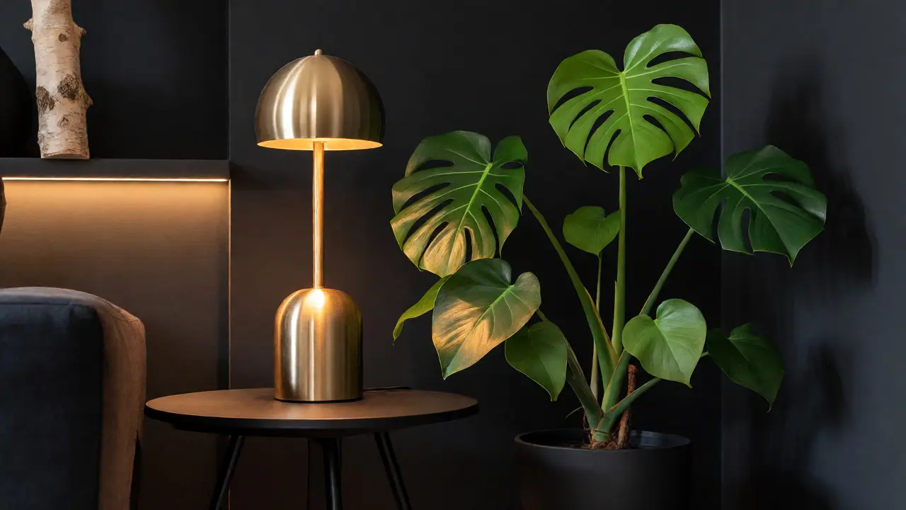 Detailaufnahme von Messing-Lampe, schwarzem Tisch und grüner Pflanze vor dunkler Wand mit warmer Beleuchtung.