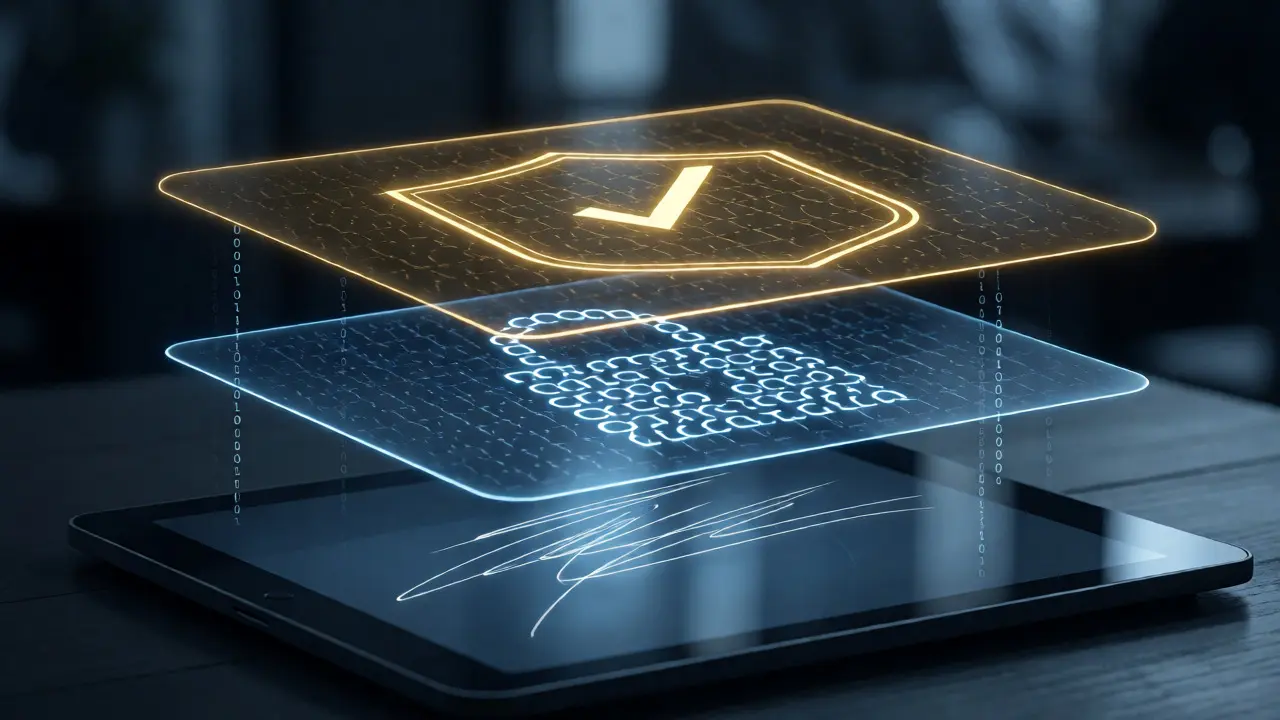 Drei Stufen der digitalen Signatur als grafische Schichten über einem Tablet