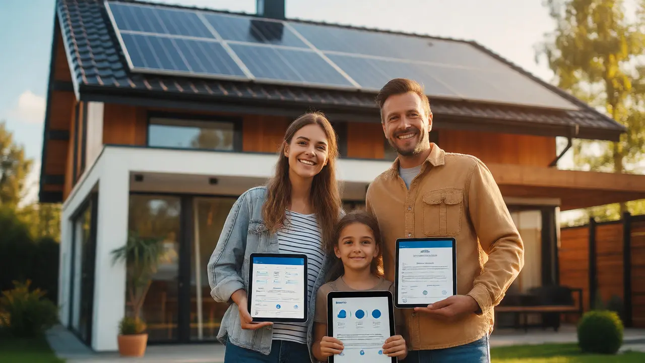 Glückliche Familie vor ihrem Haus mit Solaranlage