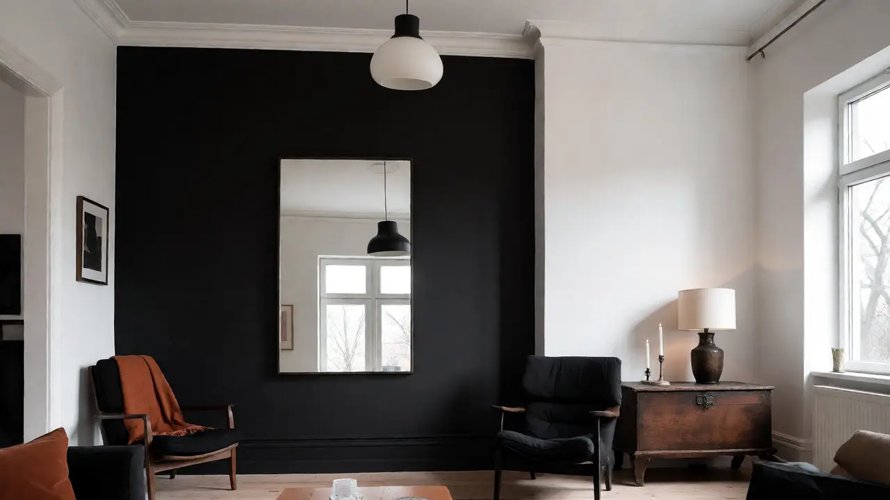 Großes Wohnzimmer mit schwarzer Akzentwand, Spiegel zur Lichtreflexion und terrakottafarbenen Textilien.