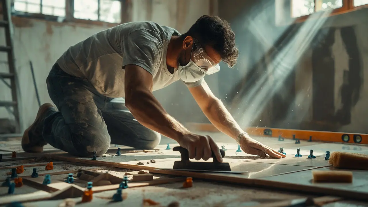 Handwerker legt mit Schutzbrille Fliesen auf dem Boden.