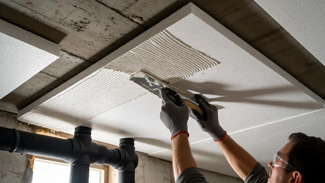 Heimwerker klebt Dämmplatten an die Decke