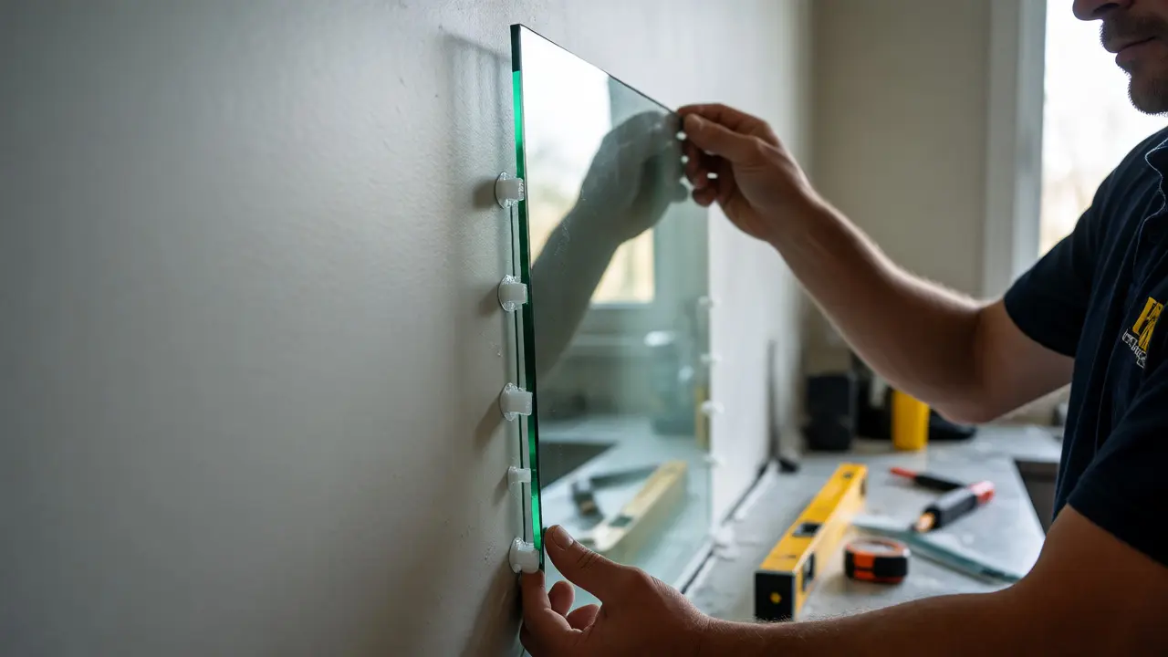 Installateur montiert eine Glasplatte mit Kleber und Abstandshaltern.
