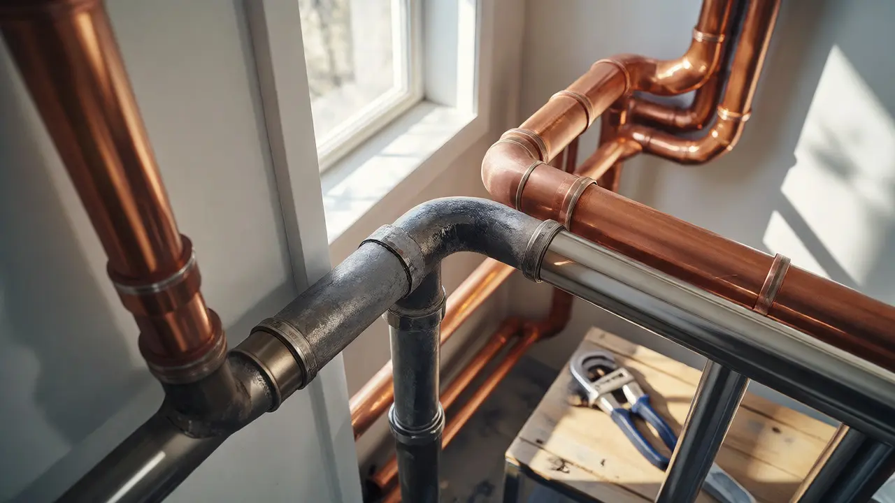 Installateur tauscht alte Bleirohre gegen moderne Kupferleitungen aus