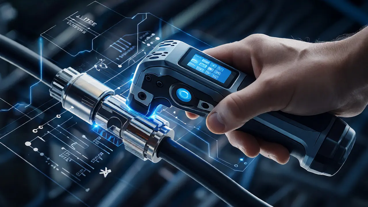 Konzeptdarstellung eines intelligenten Crimp-Systems mit digitalen Sensoren und Datenübertragung.