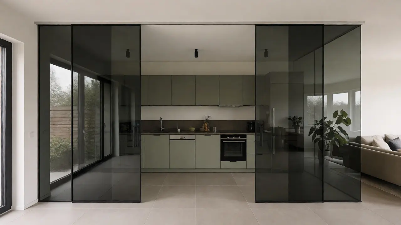 Küche mit raumhohen Glasschiebetüren zur flexiblen Trennung vom Wohnraum bei erhaltenem Lichteinfall