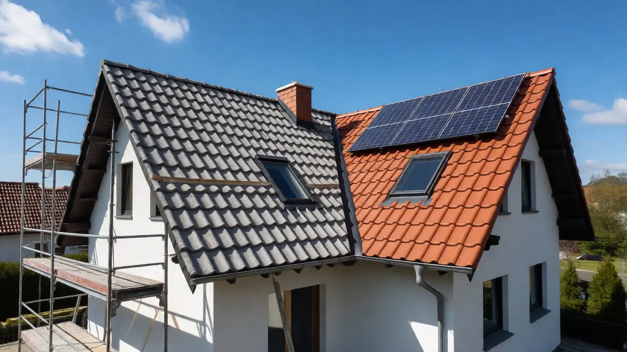 Modernes Hausdach mit neuen Ziegeln und Solaranlage nach Sanierung