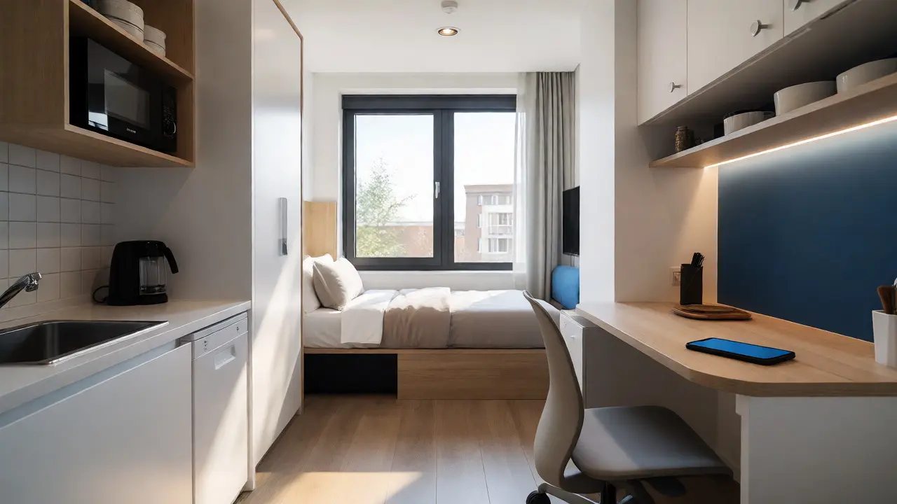 Modernes, vollmöbliertes Studentenmikroapartment mit effizienter Raumaufteilung und Tageslicht.