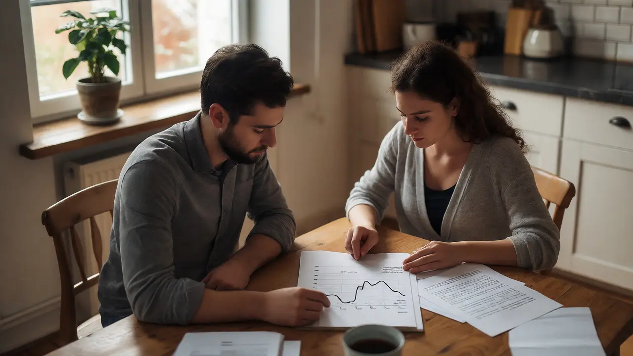 Paar prüft Finanzdokumente und Amortisationskurven am Küchentisch