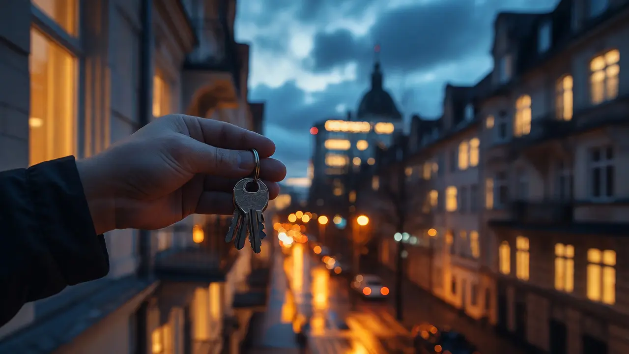 Schlüssel in der Hand vor einer abendlichen Stadtsilhouette symbolisieren Investitionsrisiken.