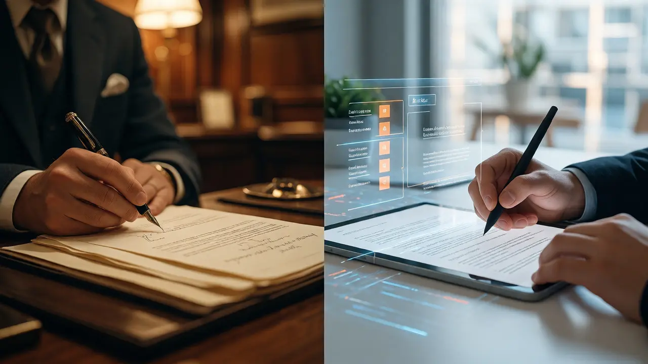 Vergleich zwischen klassischer Notarunterschrift und digitaler Signatur am Tablet